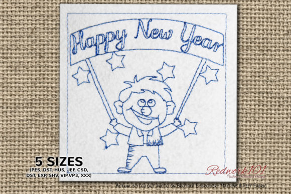 Man with New Year Signage Redwork for Business Embroidery